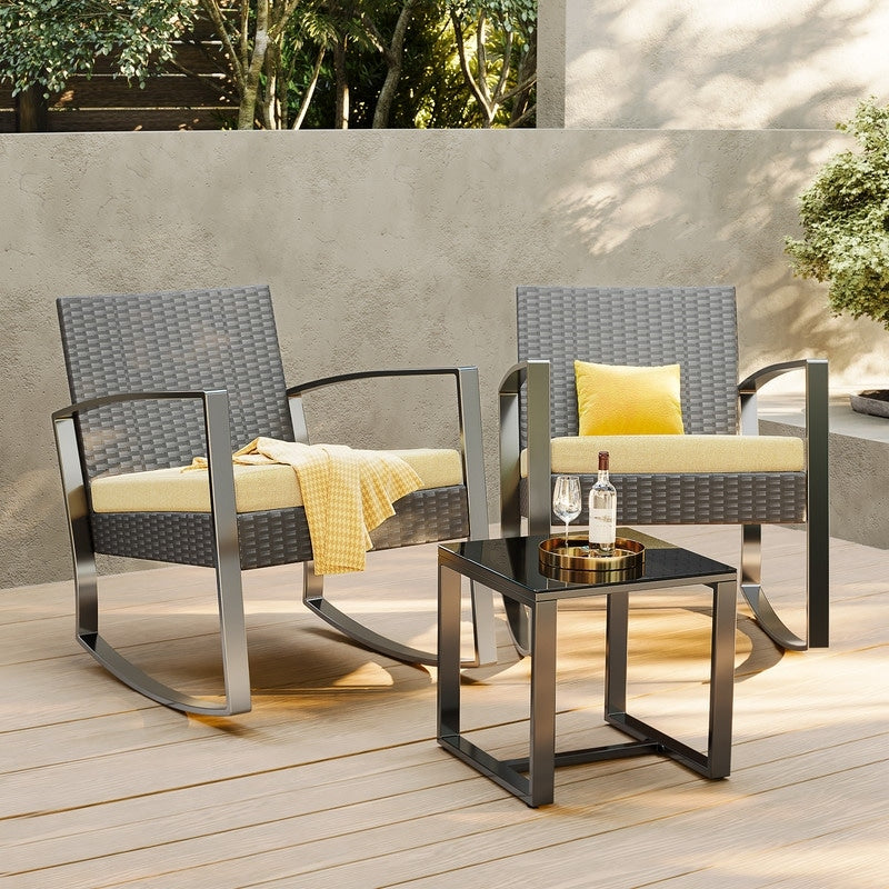 Set da patio in vimini da 3 pezzi con cuscino, set di sedie da esterno con tavolo in vetro, sedia in rattan, set da bistrot moderno