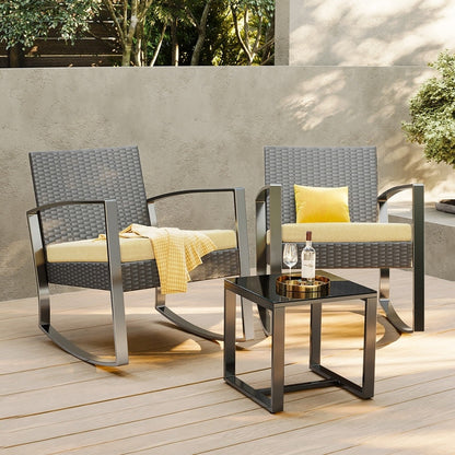 Set da patio in vimini da 3 pezzi con cuscino, set di sedie da esterno con tavolo in vetro, sedia in rattan, set da bistrot moderno