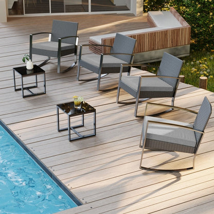Set da patio in vimini da 3 pezzi con cuscino, set di sedie da esterno con tavolo in vetro, sedia in rattan, set da bistrot moderno