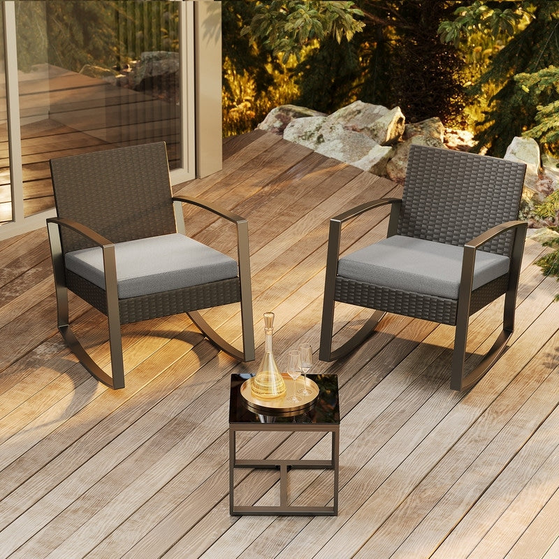 Set da patio in vimini da 3 pezzi con cuscino, set di sedie da esterno con tavolo in vetro, sedia in rattan, set da bistrot moderno