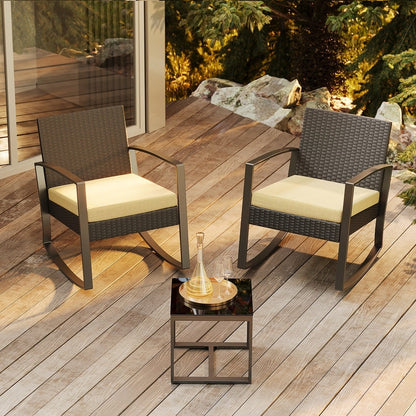 Set da patio in vimini da 3 pezzi con cuscino, set di sedie da esterno con tavolo in vetro, sedia in rattan, set da bistrot moderno