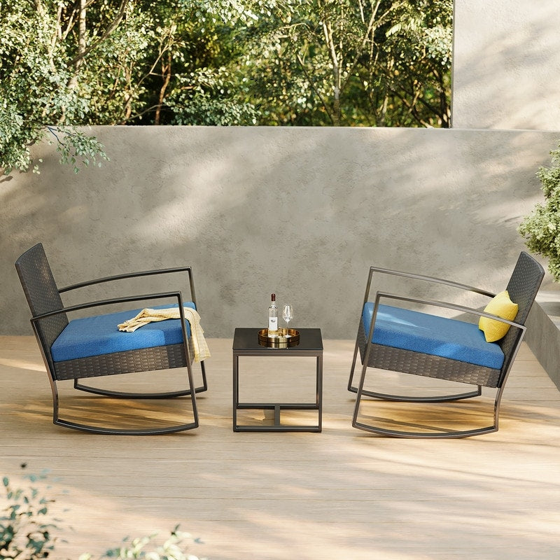 Set da patio in vimini da 3 pezzi con cuscino, set di sedie da esterno con tavolo in vetro, sedia in rattan, set da bistrot moderno