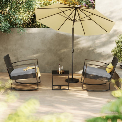 Set da patio in vimini da 3 pezzi con cuscino, set di sedie da esterno con tavolo in vetro, sedia in rattan, set da bistrot moderno