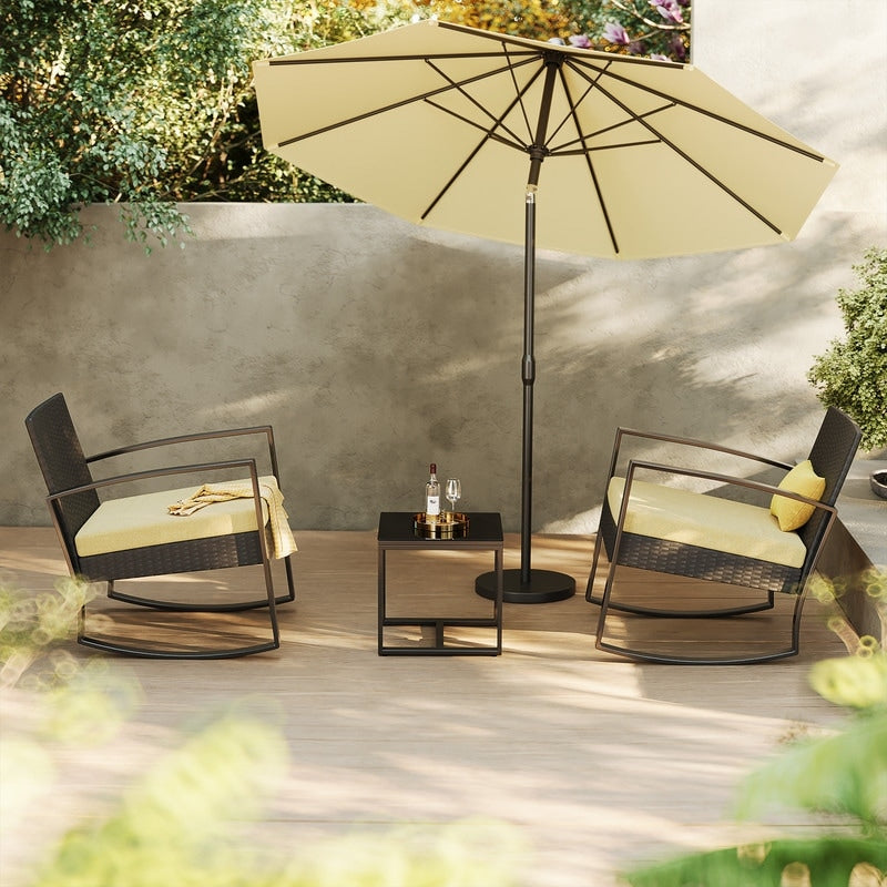 Set da patio in vimini da 3 pezzi con cuscino, set di sedie da esterno con tavolo in vetro, sedia in rattan, set da bistrot moderno