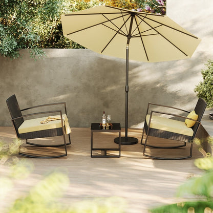 Set da patio in vimini da 3 pezzi con cuscino, set di sedie da esterno con tavolo in vetro, sedia in rattan, set da bistrot moderno