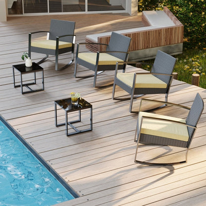 Set da patio in vimini da 3 pezzi con cuscino, set di sedie da esterno con tavolo in vetro, sedia in rattan, set da bistrot moderno
