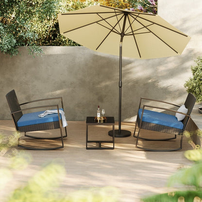Set da patio in vimini da 3 pezzi con cuscino, set di sedie da esterno con tavolo in vetro, sedia in rattan, set da bistrot moderno