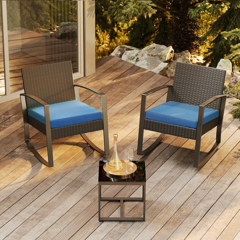 Set da patio in vimini da 3 pezzi con cuscino, set di sedie da esterno con tavolo in vetro, sedia in rattan, set da bistrot moderno