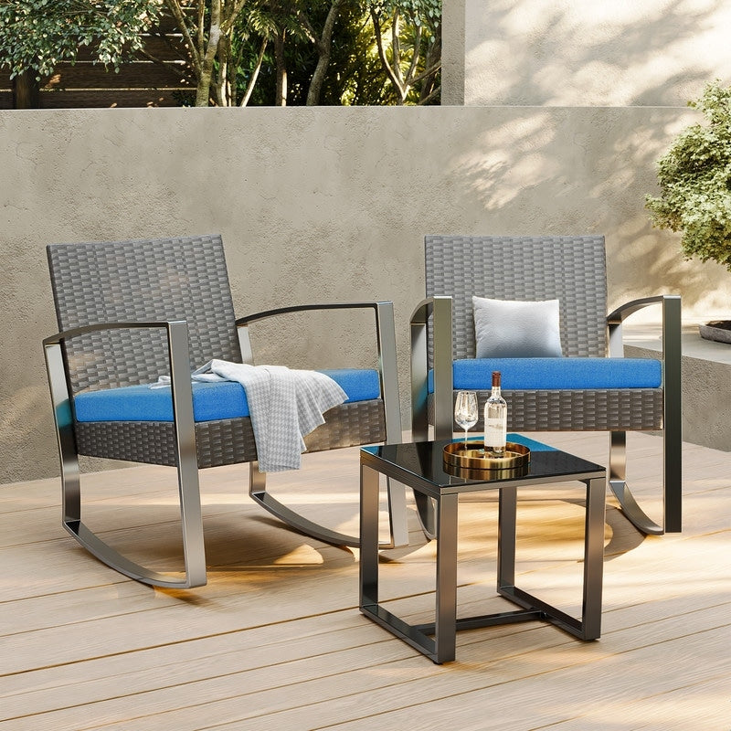 Set da patio in vimini da 3 pezzi con cuscino, set di sedie da esterno con tavolo in vetro, sedia in rattan, set da bistrot moderno