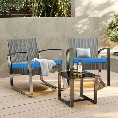 Set da patio in vimini da 3 pezzi con cuscino, set di sedie da esterno con tavolo in vetro, sedia in rattan, set da bistrot moderno