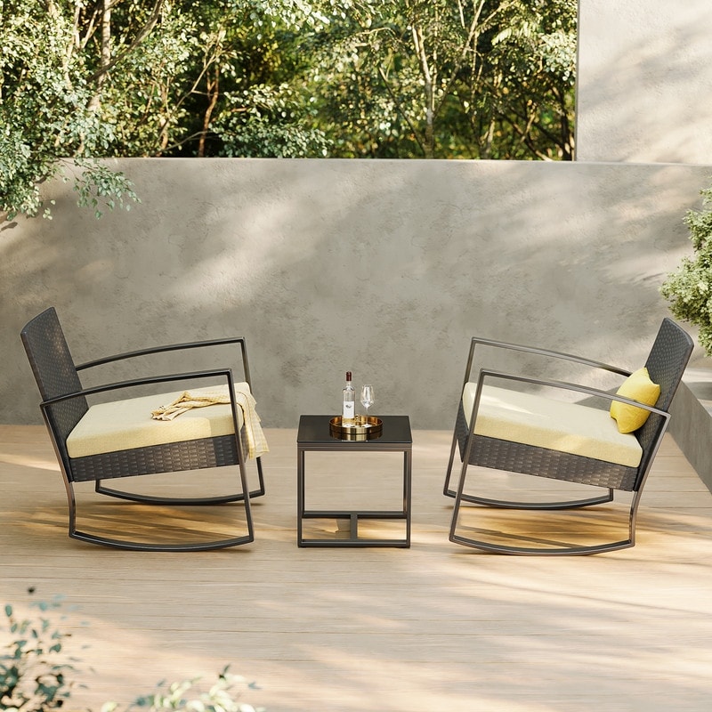 Set da patio in vimini da 3 pezzi con cuscino, set di sedie da esterno con tavolo in vetro, sedia in rattan, set da bistrot moderno