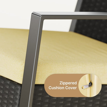 Set da patio in vimini da 3 pezzi con cuscino, set di sedie da esterno con tavolo in vetro, sedia in rattan, set da bistrot moderno