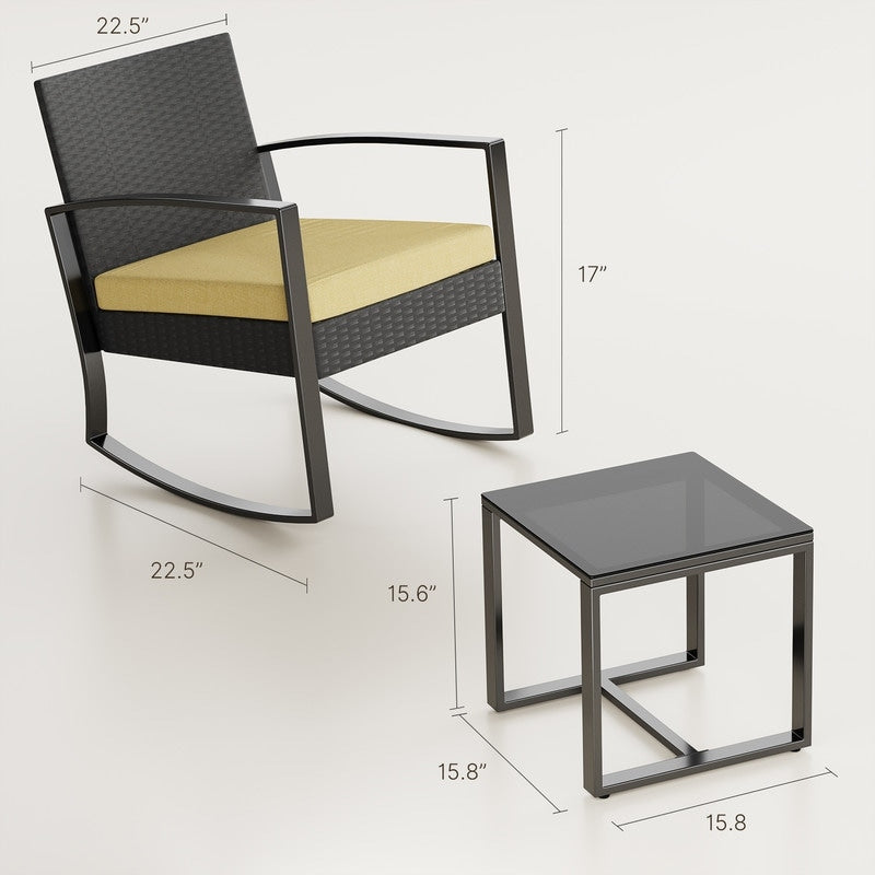Set da patio in vimini da 3 pezzi con cuscino, set di sedie da esterno con tavolo in vetro, sedia in rattan, set da bistrot moderno