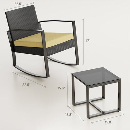 Set da patio in vimini da 3 pezzi con cuscino, set di sedie da esterno con tavolo in vetro, sedia in rattan, set da bistrot moderno