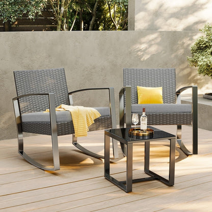 Set da patio in vimini da 3 pezzi con cuscino, set di sedie da esterno con tavolo in vetro, sedia in rattan, set da bistrot moderno