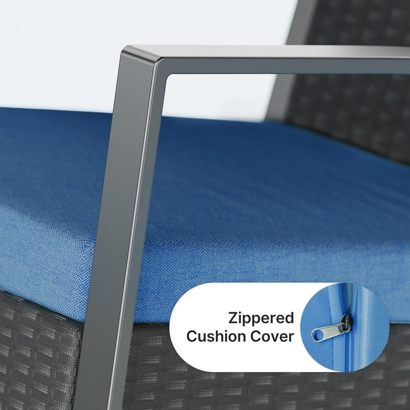 Set da patio in vimini da 3 pezzi con cuscino, set di sedie da esterno con tavolo in vetro, sedia in rattan, set da bistrot moderno