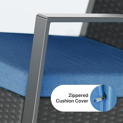 Set da patio in vimini da 3 pezzi con cuscino, set di sedie da esterno con tavolo in vetro, sedia in rattan, set da bistrot moderno