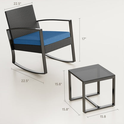 Set da patio in vimini da 3 pezzi con cuscino, set di sedie da esterno con tavolo in vetro, sedia in rattan, set da bistrot moderno