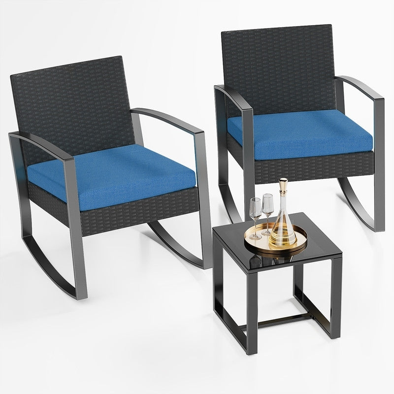Set da patio in vimini da 3 pezzi con cuscino, set di sedie da esterno con tavolo in vetro, sedia in rattan, set da bistrot moderno