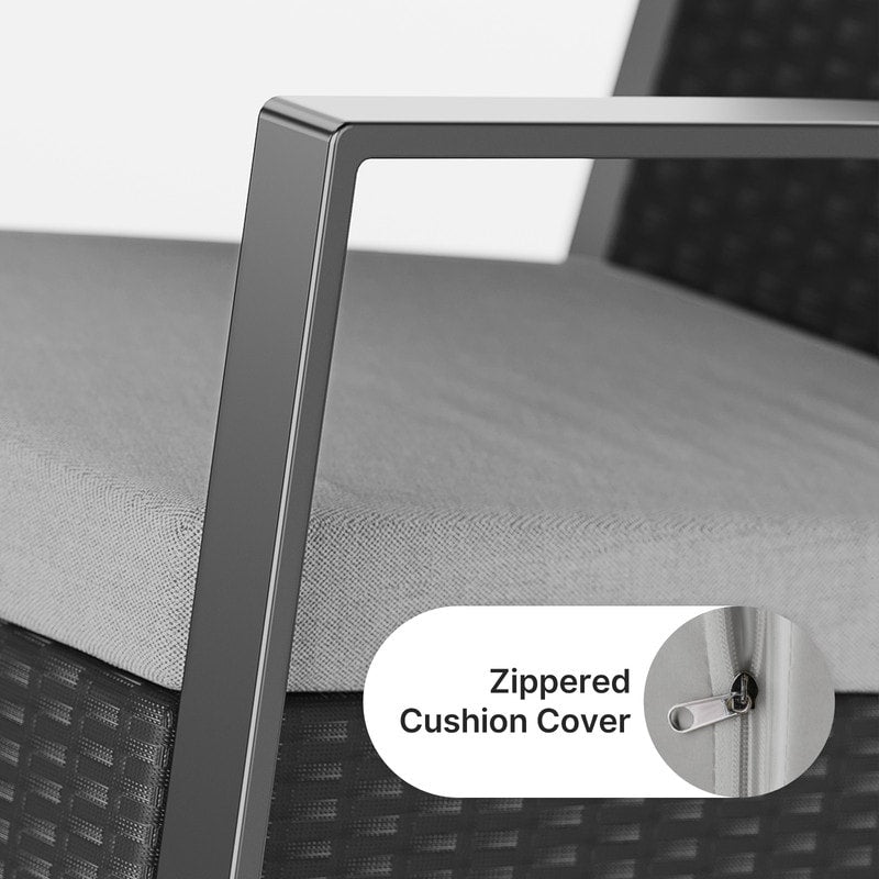 Set da patio in vimini da 3 pezzi con cuscino, set di sedie da esterno con tavolo in vetro, sedia in rattan, set da bistrot moderno