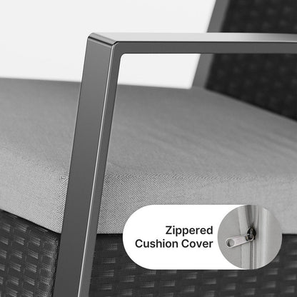 Set da patio in vimini da 3 pezzi con cuscino, set di sedie da esterno con tavolo in vetro, sedia in rattan, set da bistrot moderno