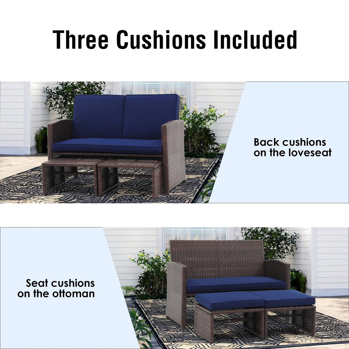 Set di divani da esterno in rattan da 3 pezzi con cuscini