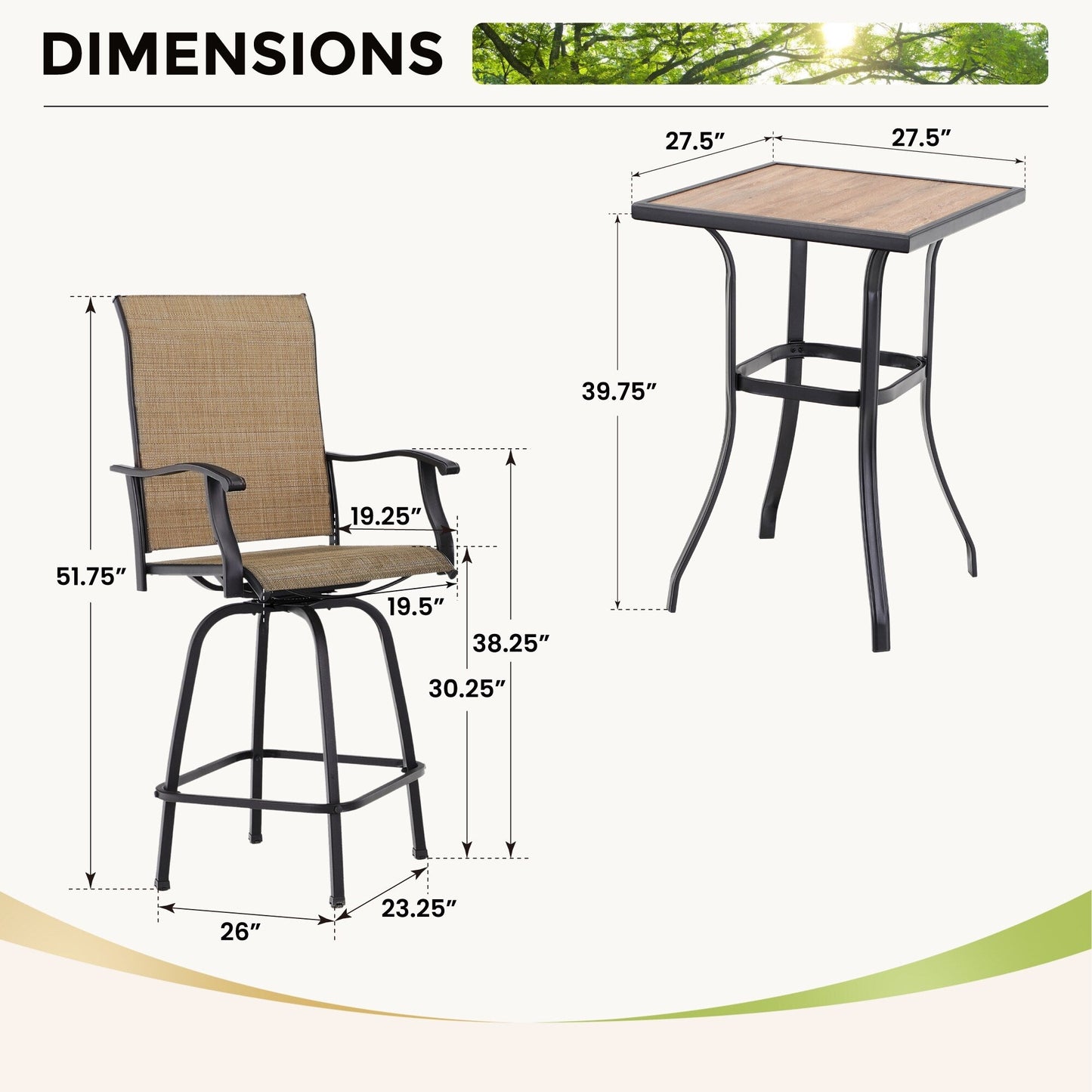 MAISON?ARTS Set da bistrot con tavolo e sgabello girevole da esterno, 3 pezzi