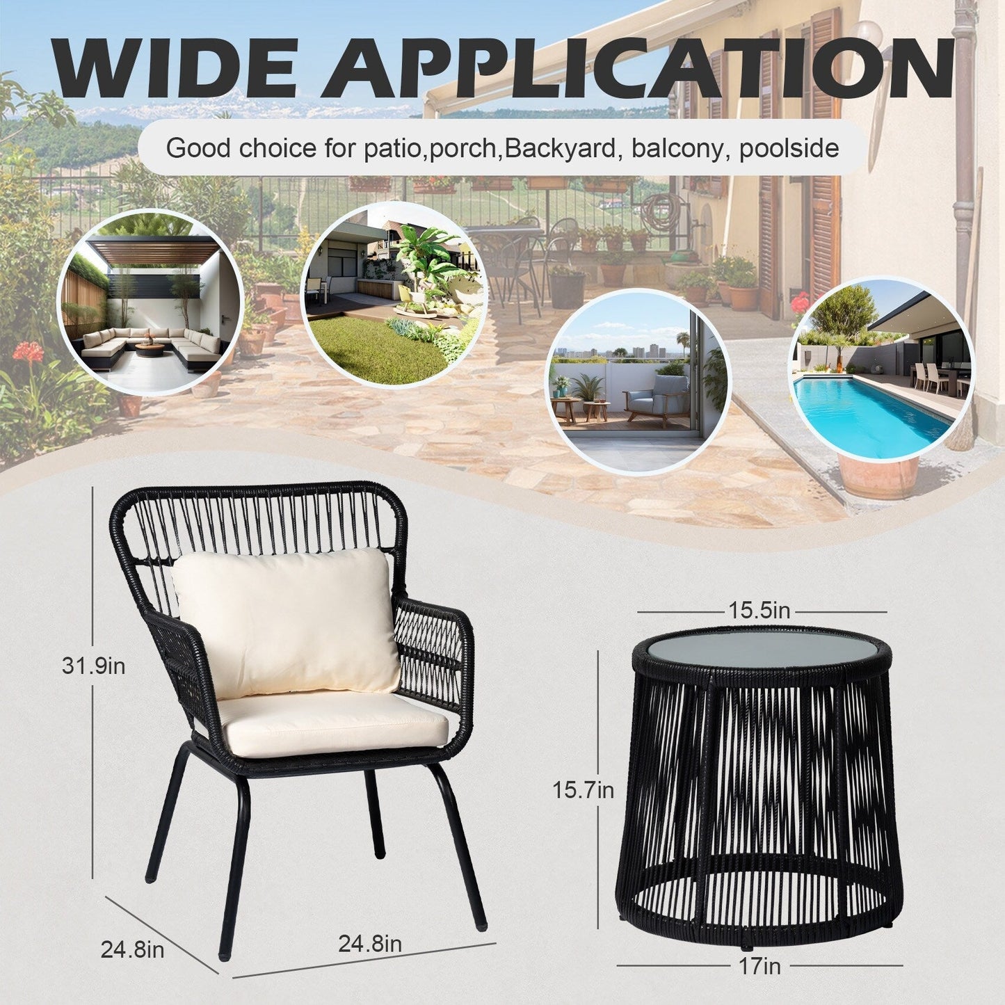 Set da bistrot da conversazione in vimini da esterno, 3 pezzi, set di sedie da giardino in rattan per tutte le stagioni con cuscini