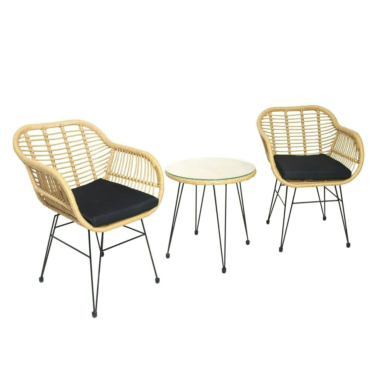 Set da bistrot da esterno in vimini e rattan, 3 pezzi, con tavolo e cuscini