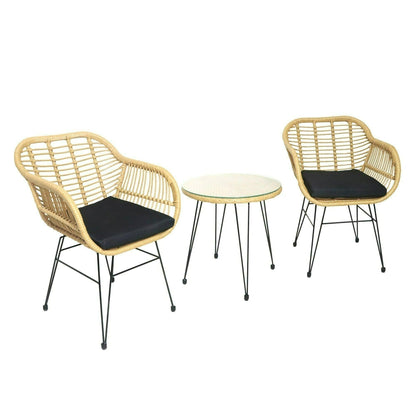Set da bistrot da esterno in vimini e rattan, 3 pezzi, con tavolo e cuscini