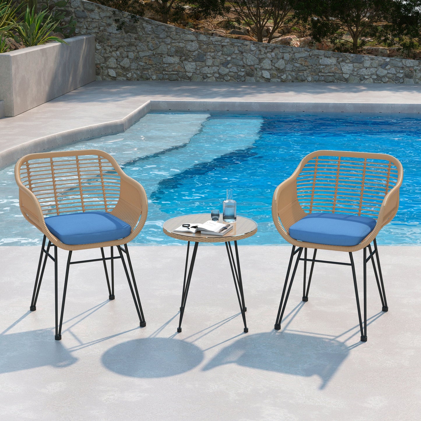 Set da bistrot da esterno in vimini e rattan, 3 pezzi, con tavolo e cuscini