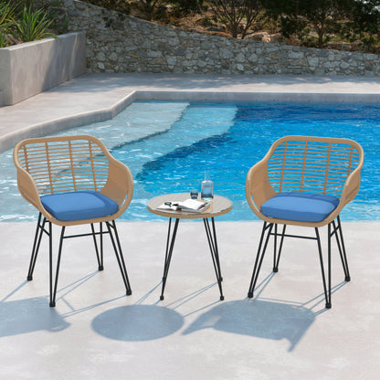 Set da bistrot da esterno in vimini e rattan, 3 pezzi, con tavolo e cuscini