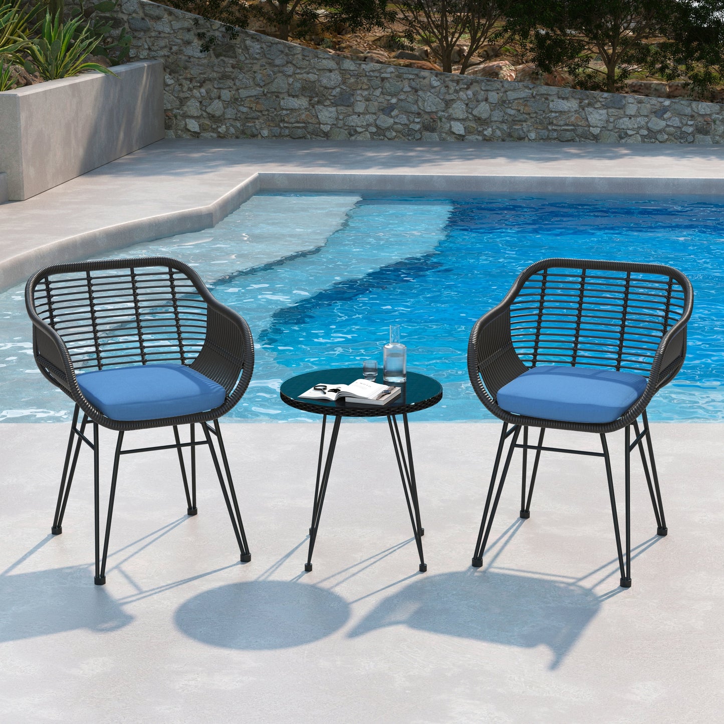 Set da bistrot da esterno in vimini e rattan, 3 pezzi, con tavolo e cuscini