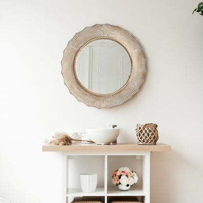 Specchio da parete decorativo rotondo in legno beige bohémien da 30 pollici per il bagno