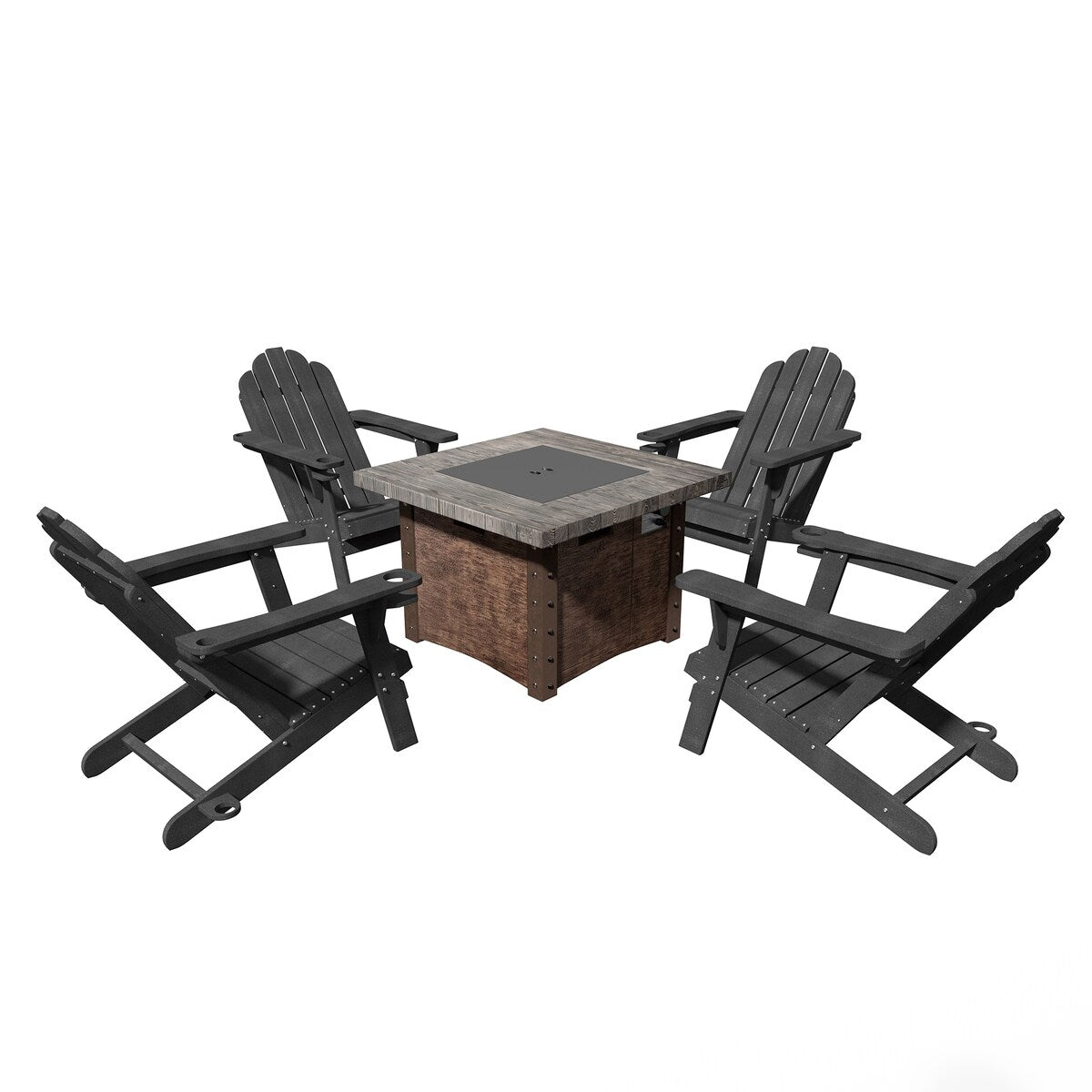 Set da 5 pezzi per braciere da giardino in metallo da 34,5 pollici, tavolo per braciere e sedie Adirondack con portabicchieri e portaombrellone