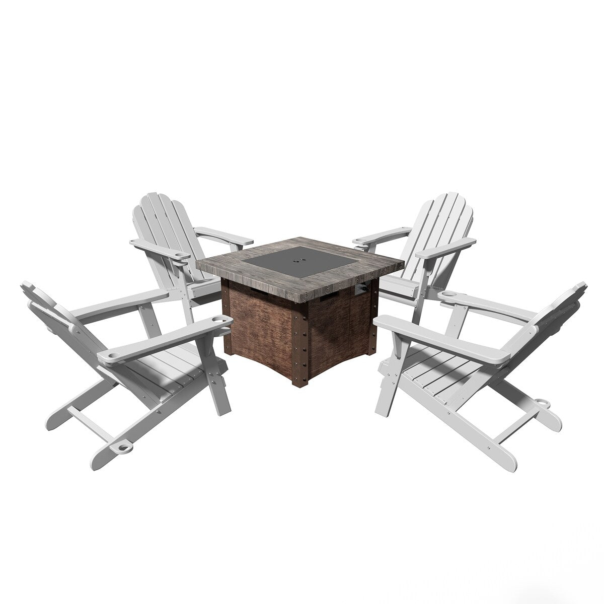 Set da 5 pezzi per braciere da giardino in metallo da 34,5 pollici, tavolo per braciere e sedie Adirondack con portabicchieri e portaombrellone