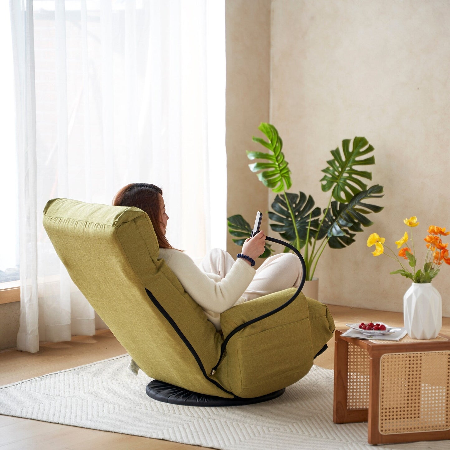 Poltrona reclinabile pieghevole con supporto per telefono, girevole a 360 gradi