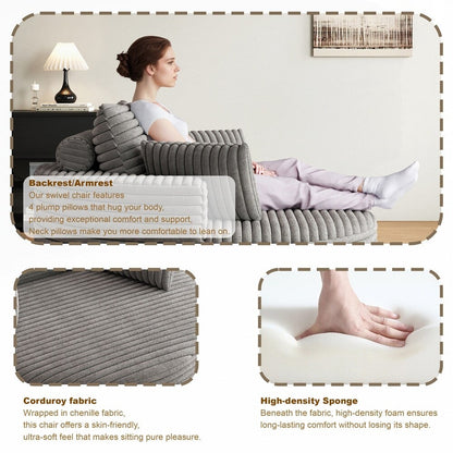 Poltrona girevole a 360 gradi in velluto a coste e ciniglia, divano singolo