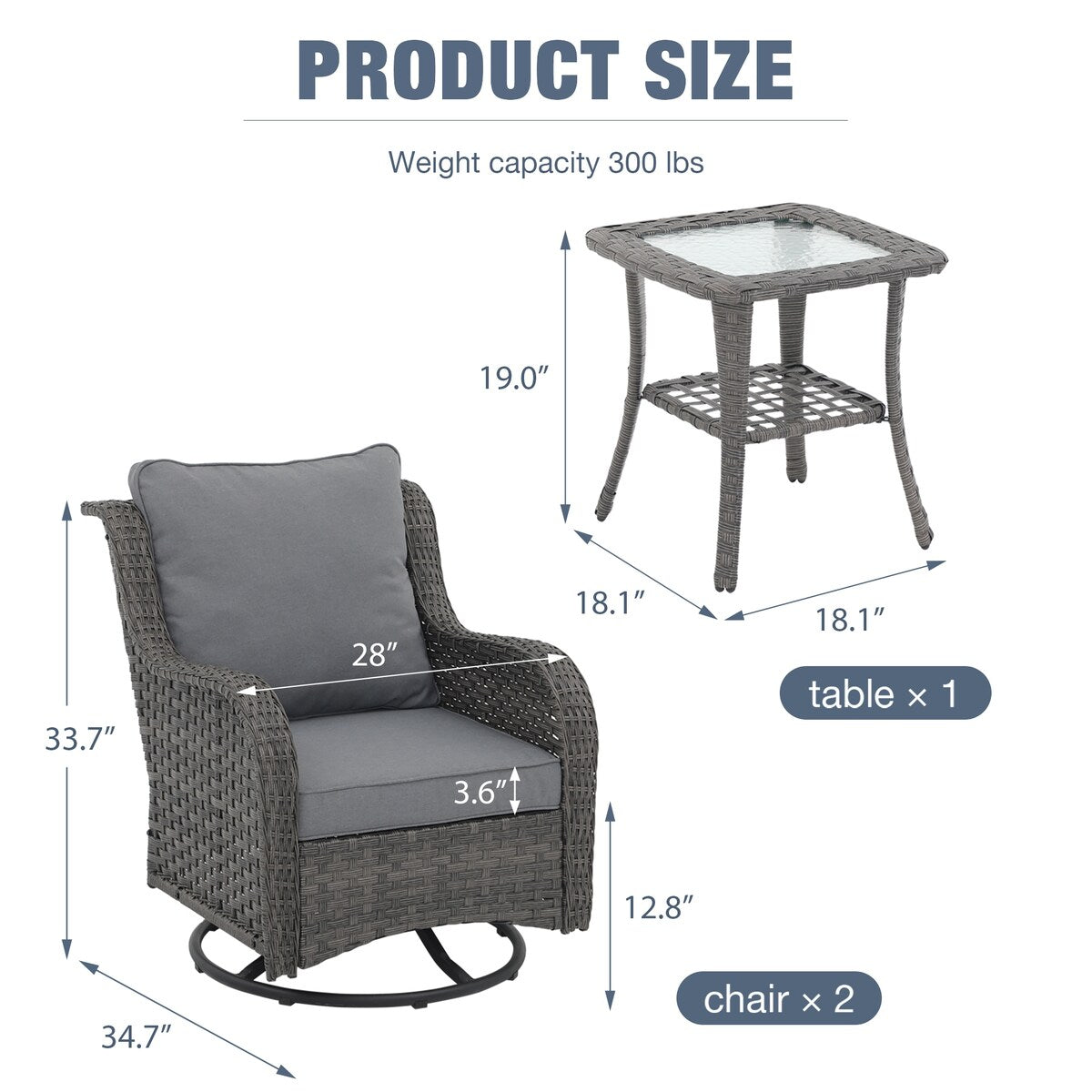 Sedie girevoli da esterno in vimini a 360 gradi con tavolo quadrato