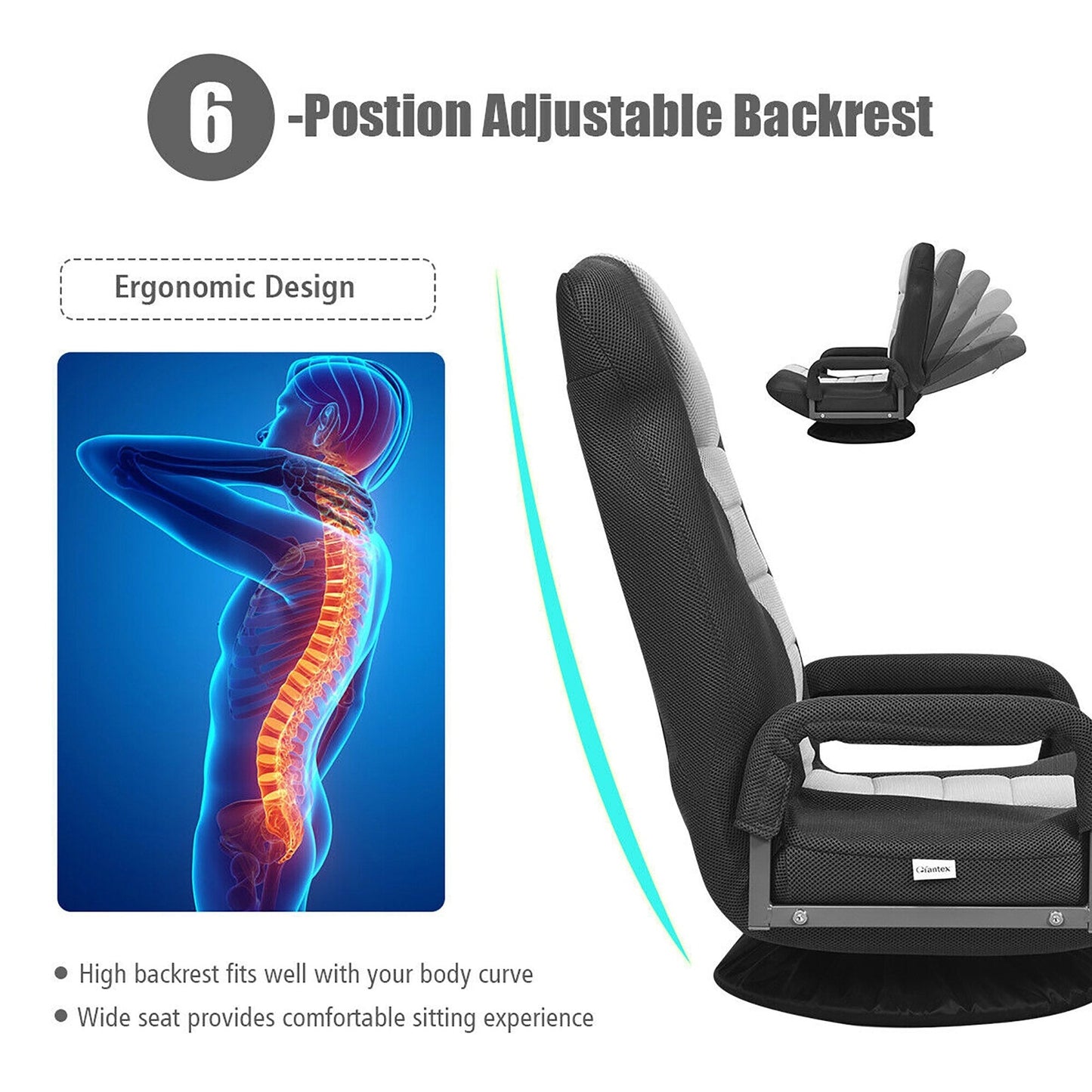 Sedia da gioco girevole a 360 gradi con schienale pieghevole e regolabile