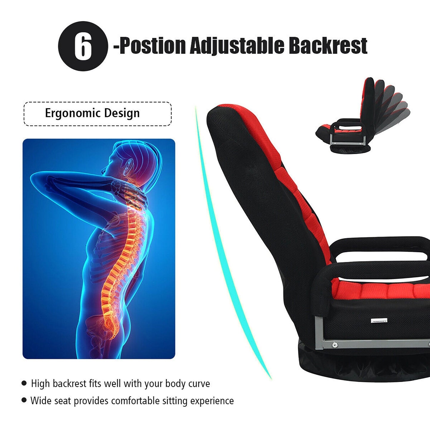 Sedia da gioco girevole a 360 gradi con schienale pieghevole e regolabile