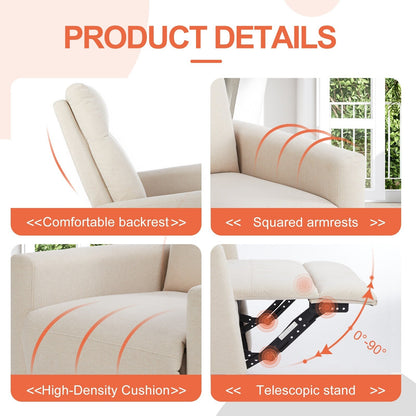 Poltrona girevole a 360° con rivestimento in lino, poltrona reclinabile manuale, divano singolo regolabile per cameretta, soggiorno o camera da letto