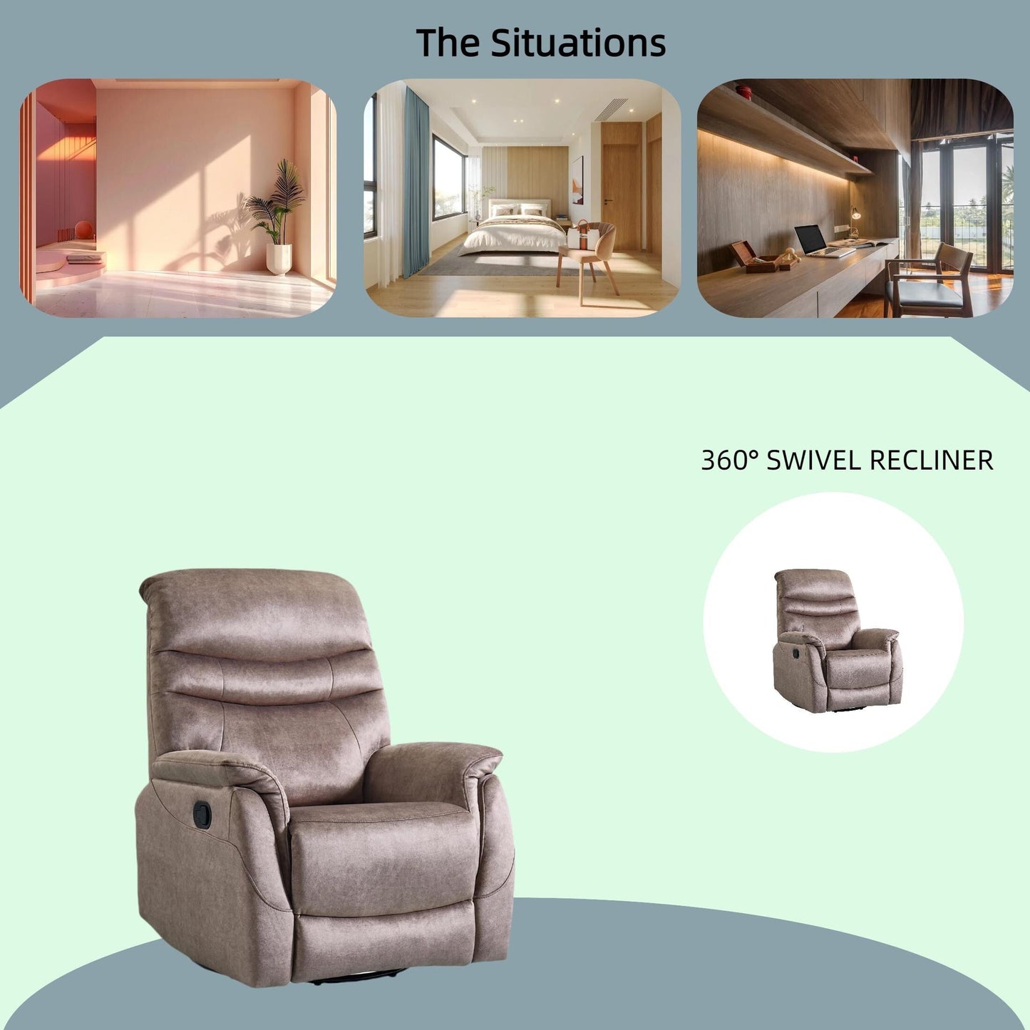 Poltrona reclinabile girevole a 360°, moderna poltrona in velluto, divano singolo regolabile con supporto lombare