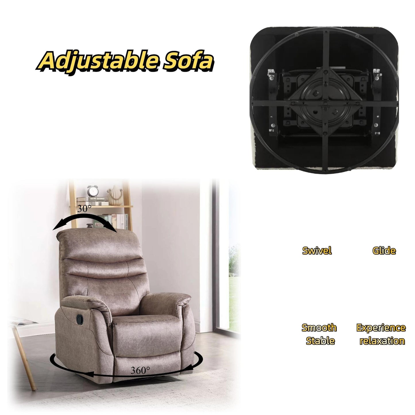 Poltrona reclinabile girevole a 360°, moderna poltrona in velluto, divano singolo regolabile con supporto lombare