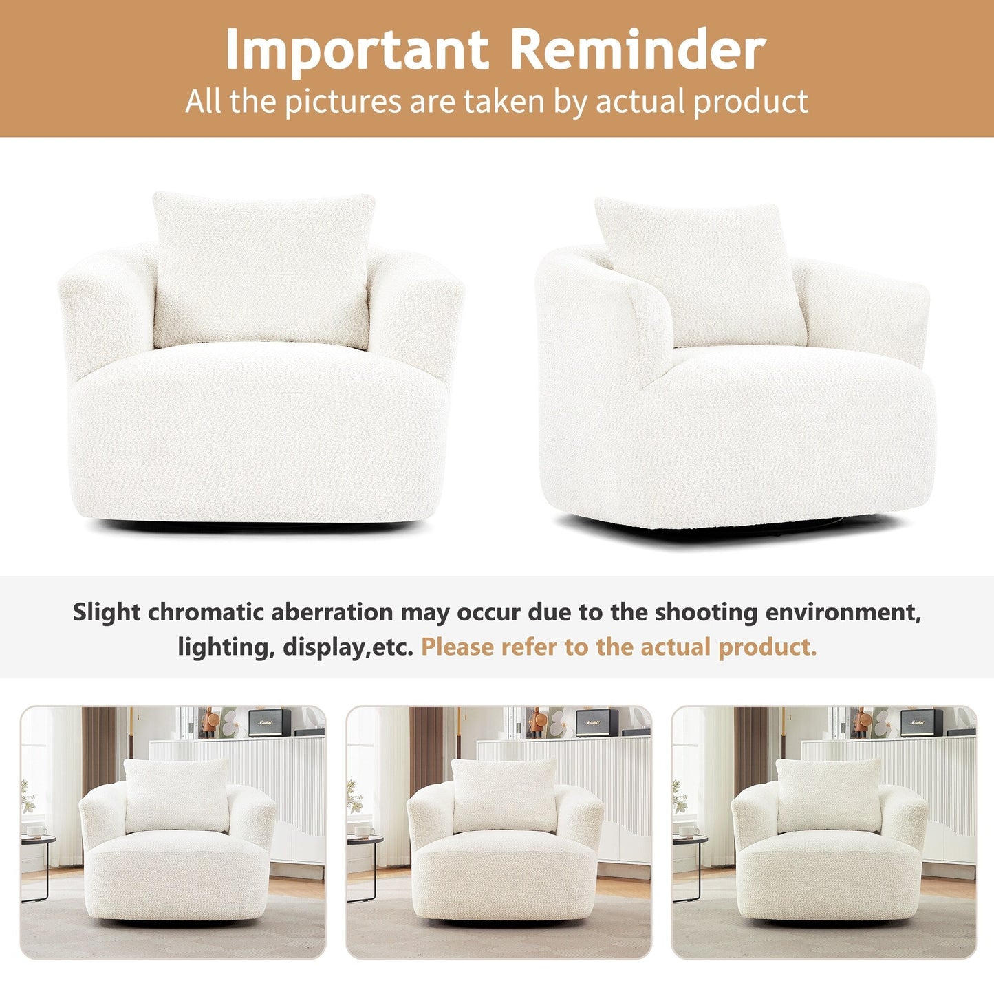 Poltrona girevole a 360°, poltrona in bouclé da 38,2 con cuscino decorativo, poltrona a botte imbottita con braccioli curvi