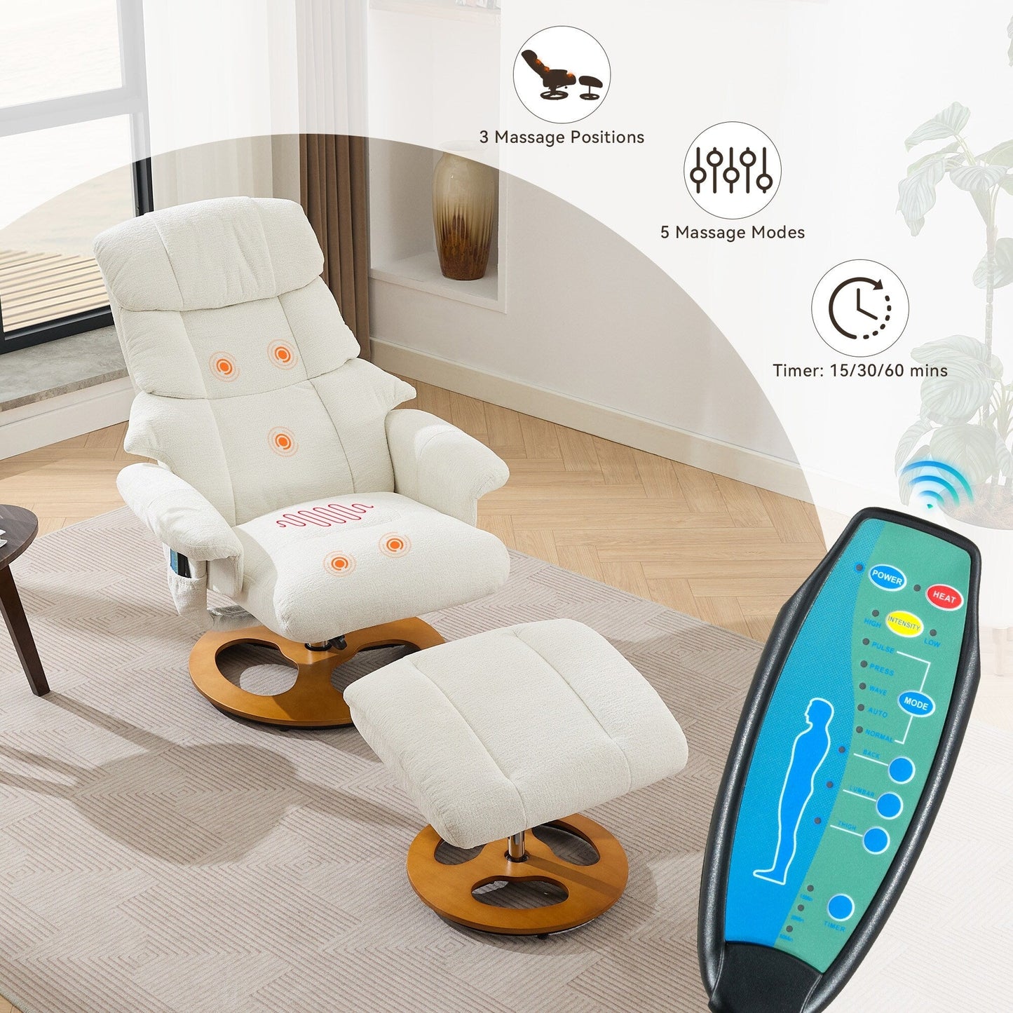 Poltrona reclinabile ergonomica girevole a 360° con poggiapiedi, schienale regolabile, massaggio a 5 vibrazioni, riscaldamento del sedile, tessuto in ciniglia