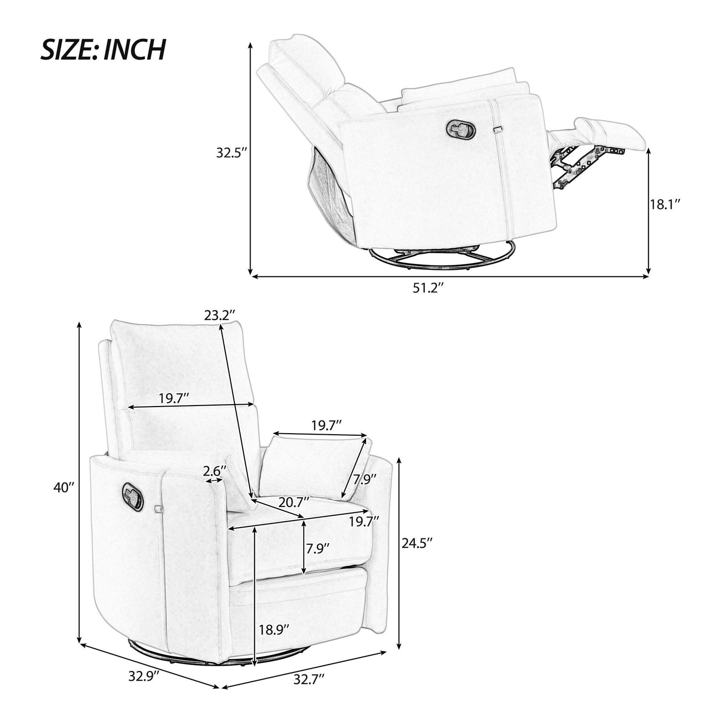 Poltrona reclinabile manuale girevole a 360° con schienale basculante regolabile e braccioli ergonomici