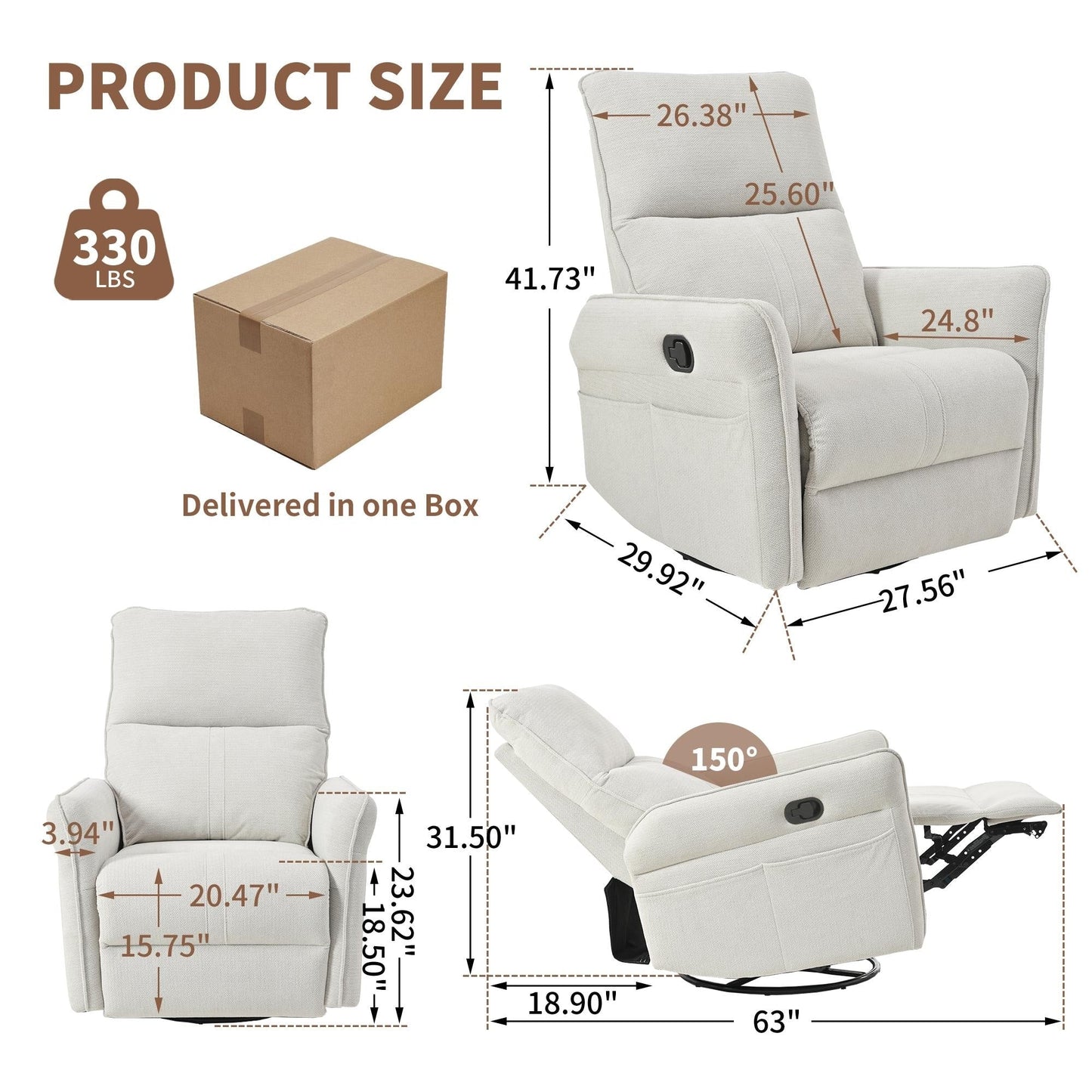 Poltrona reclinabile a dondolo girevole a 360°, meccanismo manuale con poggiapiedi, moderna poltrona imbottita per piccoli spazi, tasche laterali