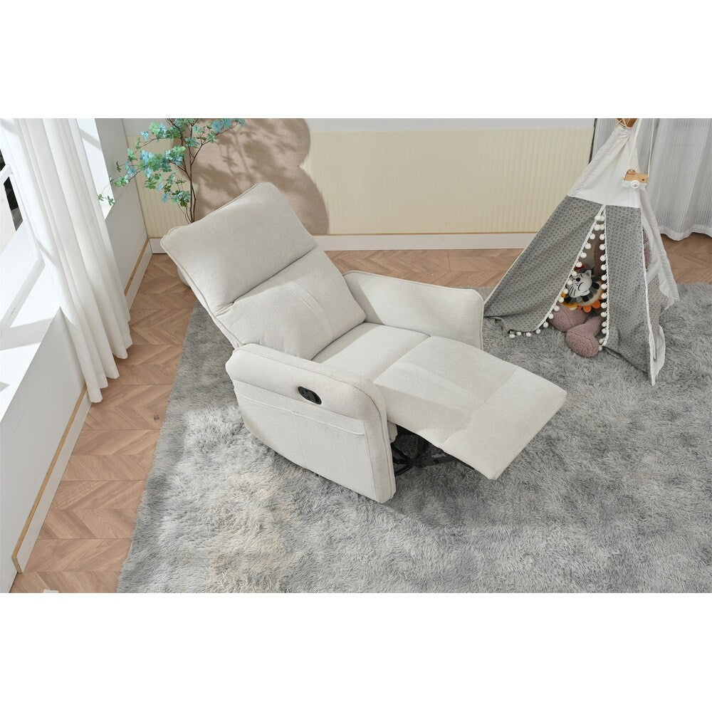 Poltrona reclinabile a dondolo girevole a 360°, meccanismo manuale con poggiapiedi, moderna poltrona imbottita per piccoli spazi, tasche laterali