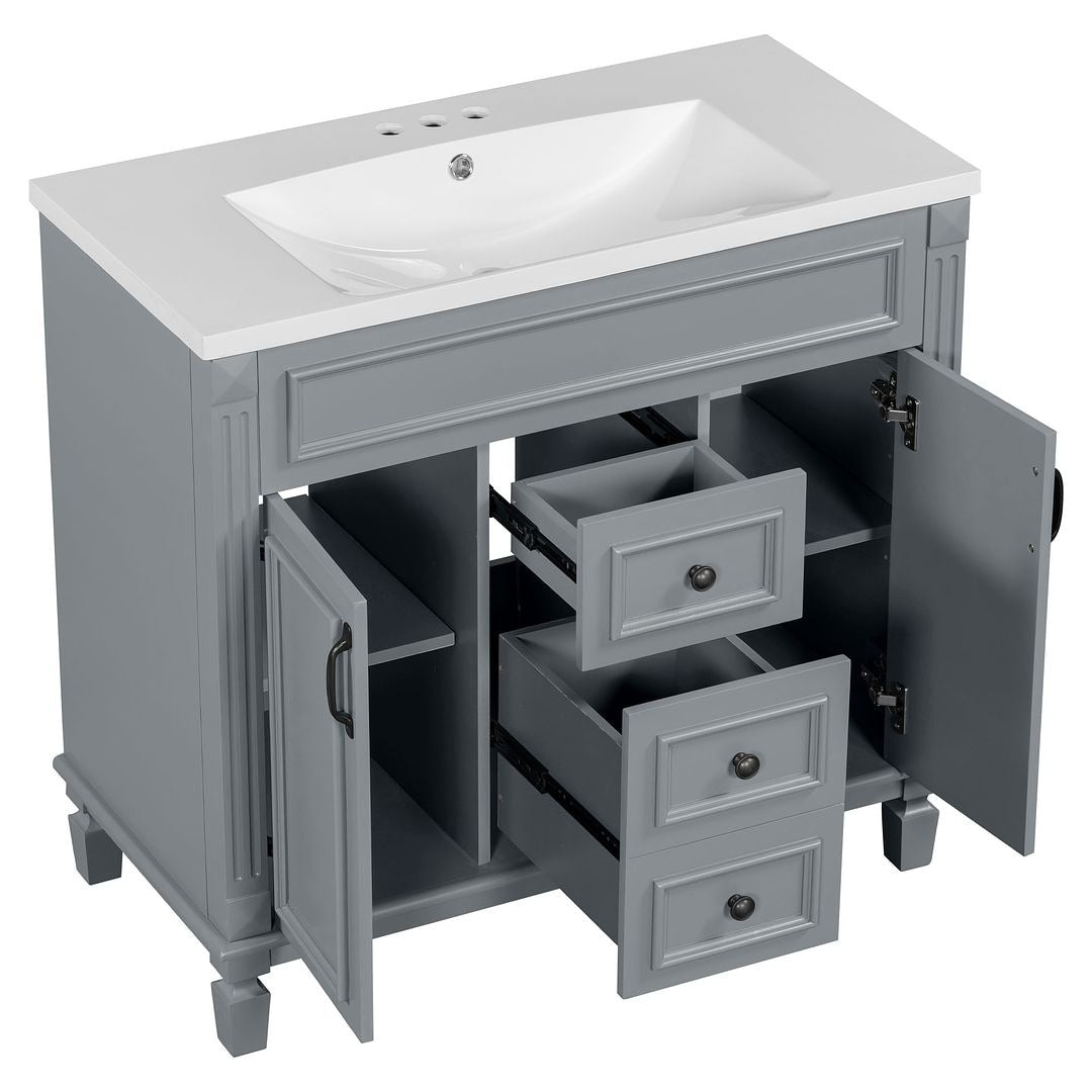 Mobile bagno moderno da 36'' con lavabo superiore e mobiletto a specchio, 2 ante e 2 cassetti